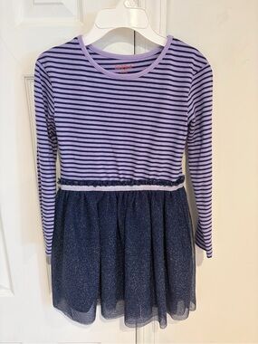 🎀 Cat & Jack Purple Striped Long-Sleeve Dress with Navy Tulle Skirt Size M